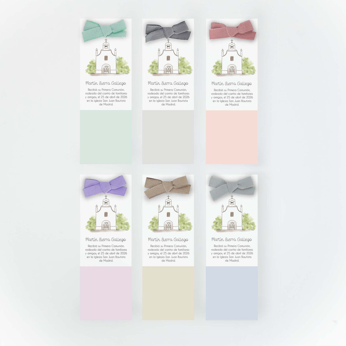 Opciones de color del recordatorio formato marcapáginas para comunión de la colección iglesia ramas. 