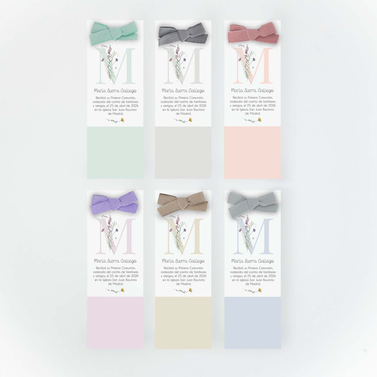 Opciones de color del recordatorio formato marcapáginas para comunión de la colección inicial flores.