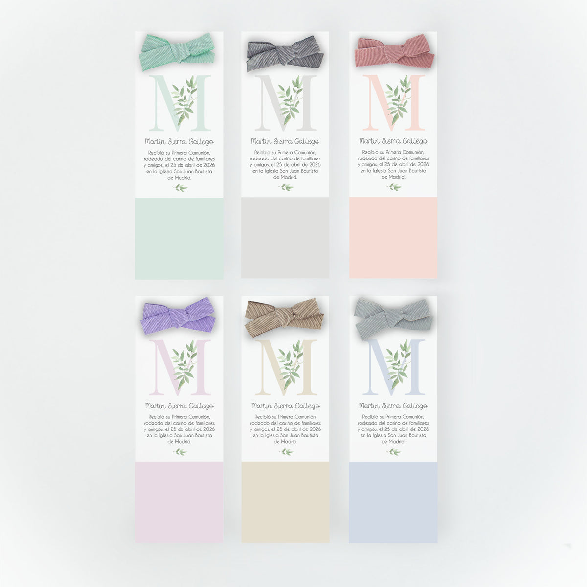 Opciones de color del recordatorio formato marcapáginas para comunión de la colección inicial rama.