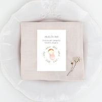 Marcasitios personalizados de la Colección Rosquito Bebé Bautizo, con ilustración del bebé arropado en un rosco de ramas.