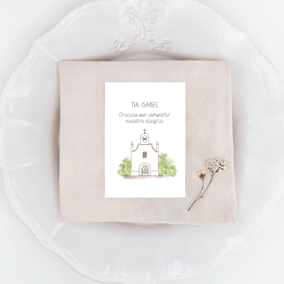 Marcasitios personalizados de la Colección Iglesia Comunión, con ilustración de iglesia