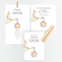 Conjunto Mesero y Seating Plan para Bautizo de la colección Cigüeña en color lila. 