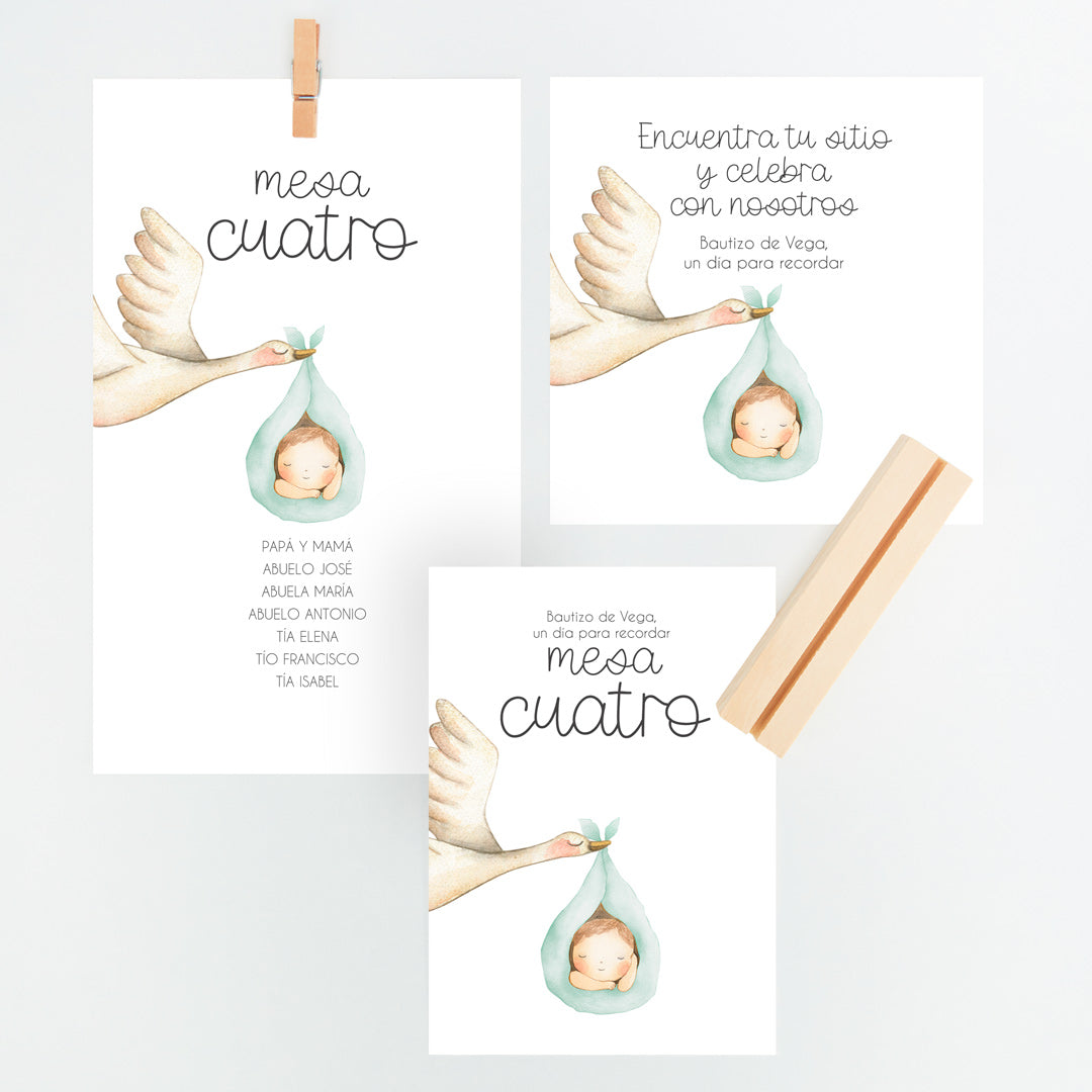 Conjunto Mesero y Seating Plan para Bautizo de la colección Cigüeña en color verde. 