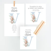 Conjunto Mesero y Seating Plan para Bautizo de la colección Inicial en color azul. 