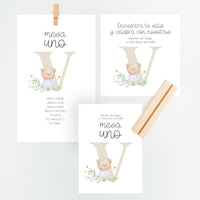 Conjunto Mesero y Seating Plan para Bautizo de la colección Inicial en color beis. 