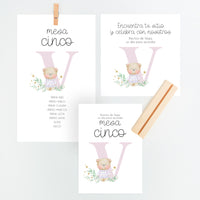 Conjunto Mesero y Seating Plan para Bautizo de la colección Inicial en color lila. 