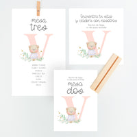 Conjunto Mesero y Seating Plan para Bautizo de la colección Inicial en color rosa. 