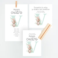 Conjunto Mesero y Seating Plan para Bautizo de la colección Inicial en color verde. 