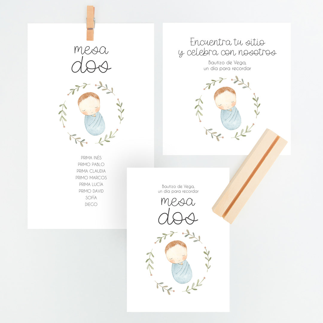Conjunto Mesero y Seating Plan para Bautizo de la colección rosquito bebé en color azul. 