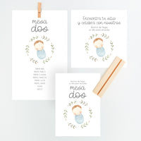 Conjunto Mesero y Seating Plan para Bautizo de la colección rosquito bebé en color azul. 