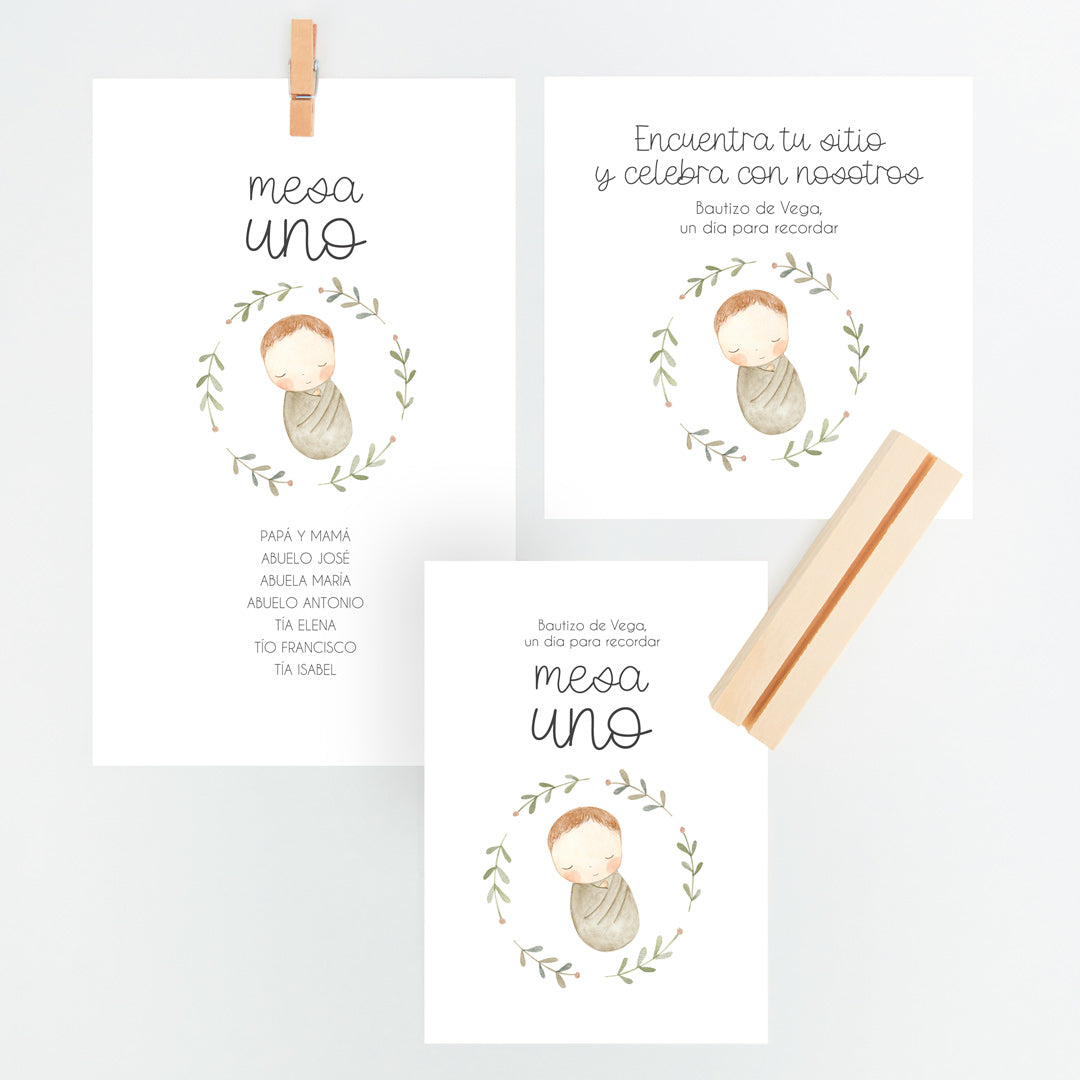 Conjunto Mesero y Seating Plan para Bautizo de la colección rosquito bebé en color beis. 