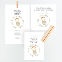 Conjunto Mesero y Seating Plan para Bautizo de la colección rosquito bebé en color beis. 