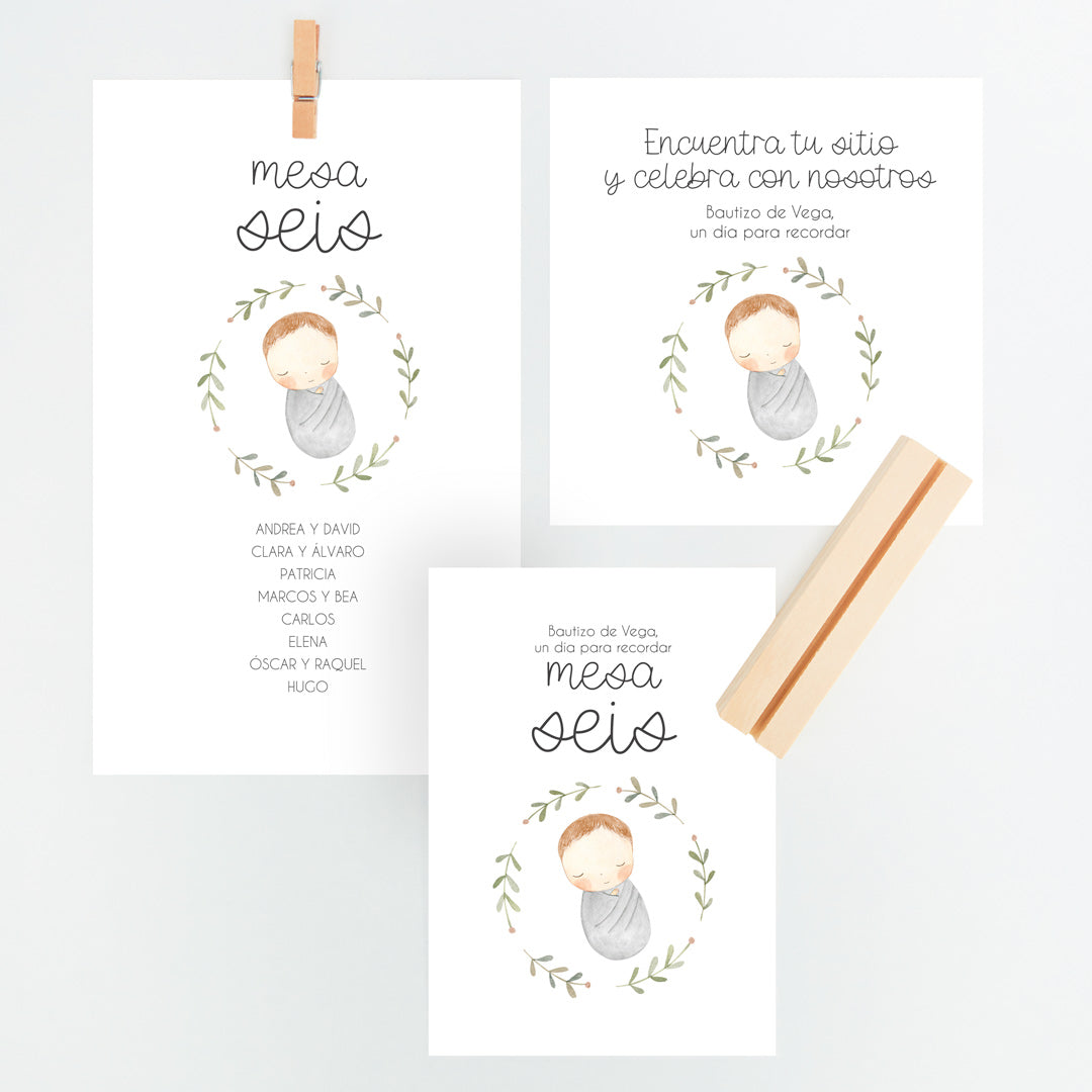 Conjunto Mesero y Seating Plan para Bautizo de la colección rosquito bebé en color gris. 