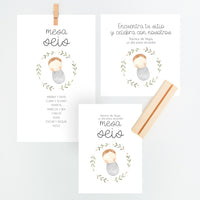 Conjunto Mesero y Seating Plan para Bautizo de la colección rosquito bebé en color gris. 