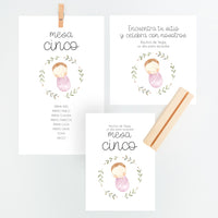 Conjunto Mesero y Seating Plan para Bautizo de la colección rosquito bebé en color lila. 