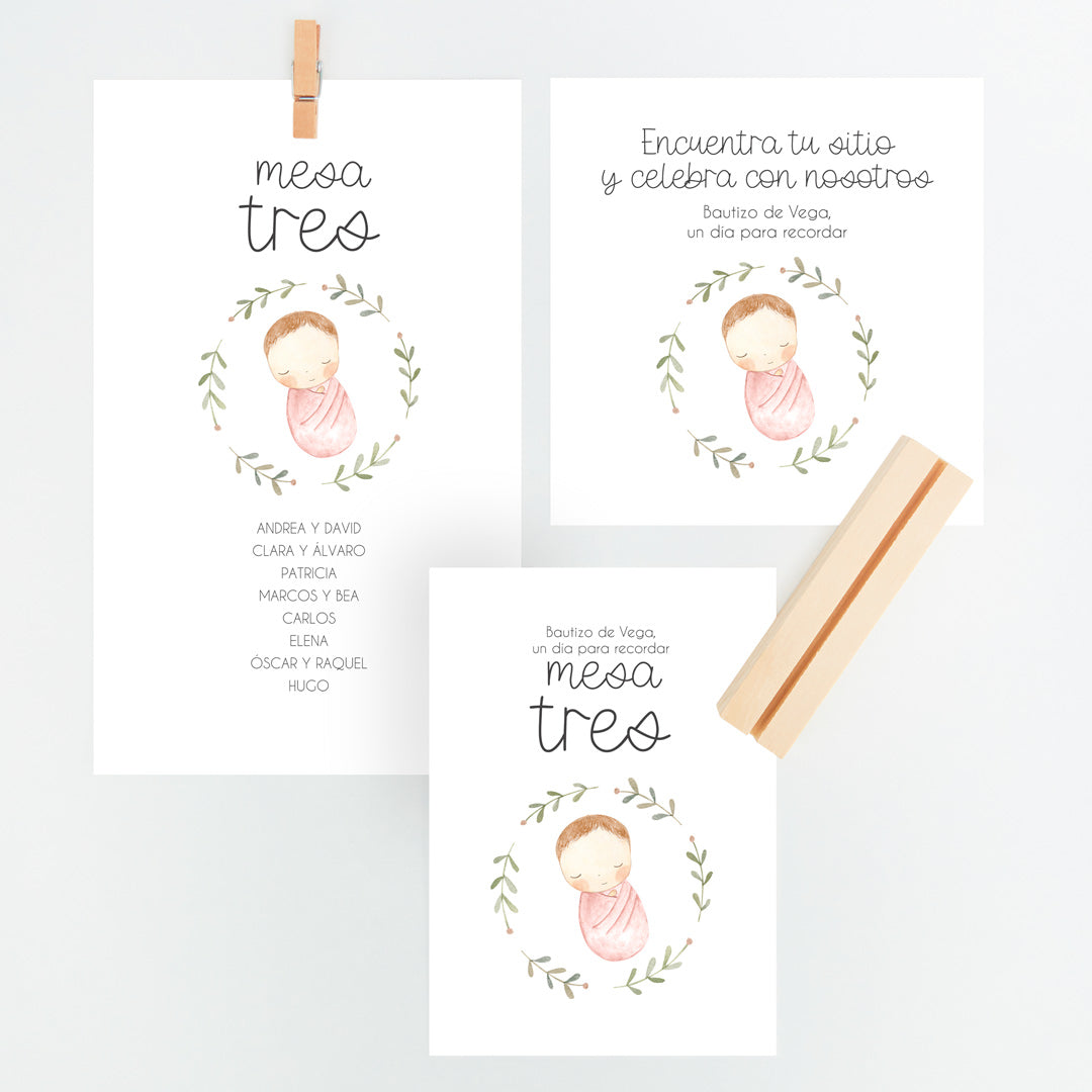 Conjunto Mesero y Seating Plan para Bautizo de la colección rosquito bebé en color rosa. 