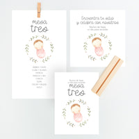 Conjunto Mesero y Seating Plan para Bautizo de la colección rosquito bebé en color rosa. 