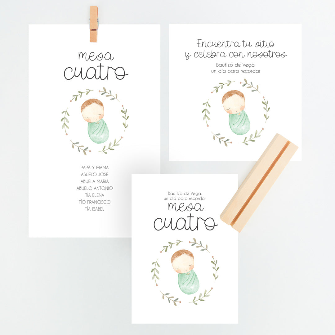 Conjunto Mesero y Seating Plan para Bautizo de la colección rosquito bebé en color verde. 