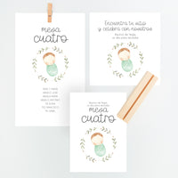 Conjunto Mesero y Seating Plan para Bautizo de la colección rosquito bebé en color verde. 