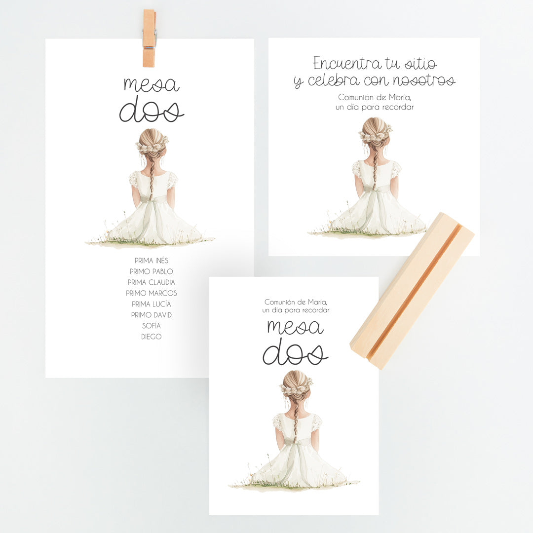 Conjunto Mesero y Seating Plan para Comunión de la colección Boho con niña rubia. 
