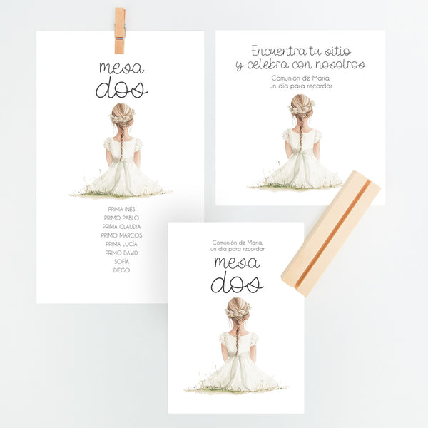 Conjunto Mesero y Seating Plan para Comunión de la colección Boho con niña rubia. 