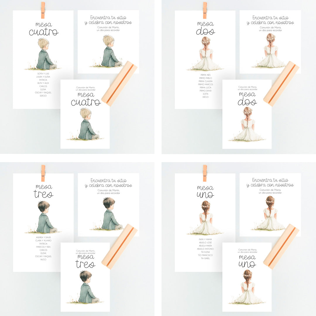 Opciones de diseño para el set de mesero y seating plan para comunión de la colección boho. 