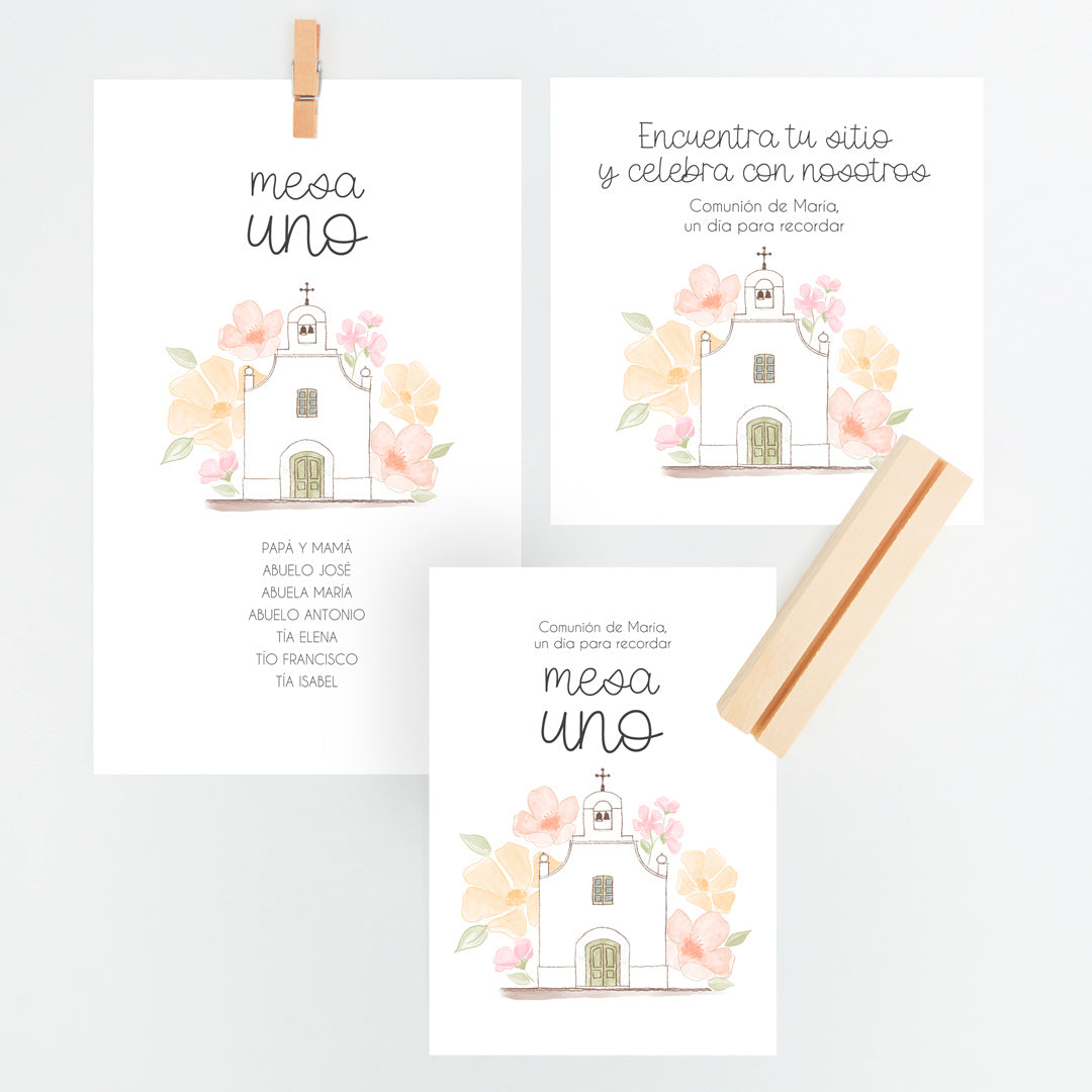 Conjunto Mesero y Seating Plan para Comunión de la colección Iglesia flores. 