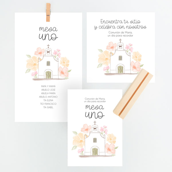 Conjunto Mesero y Seating Plan para Comunión de la colección Iglesia flores. 