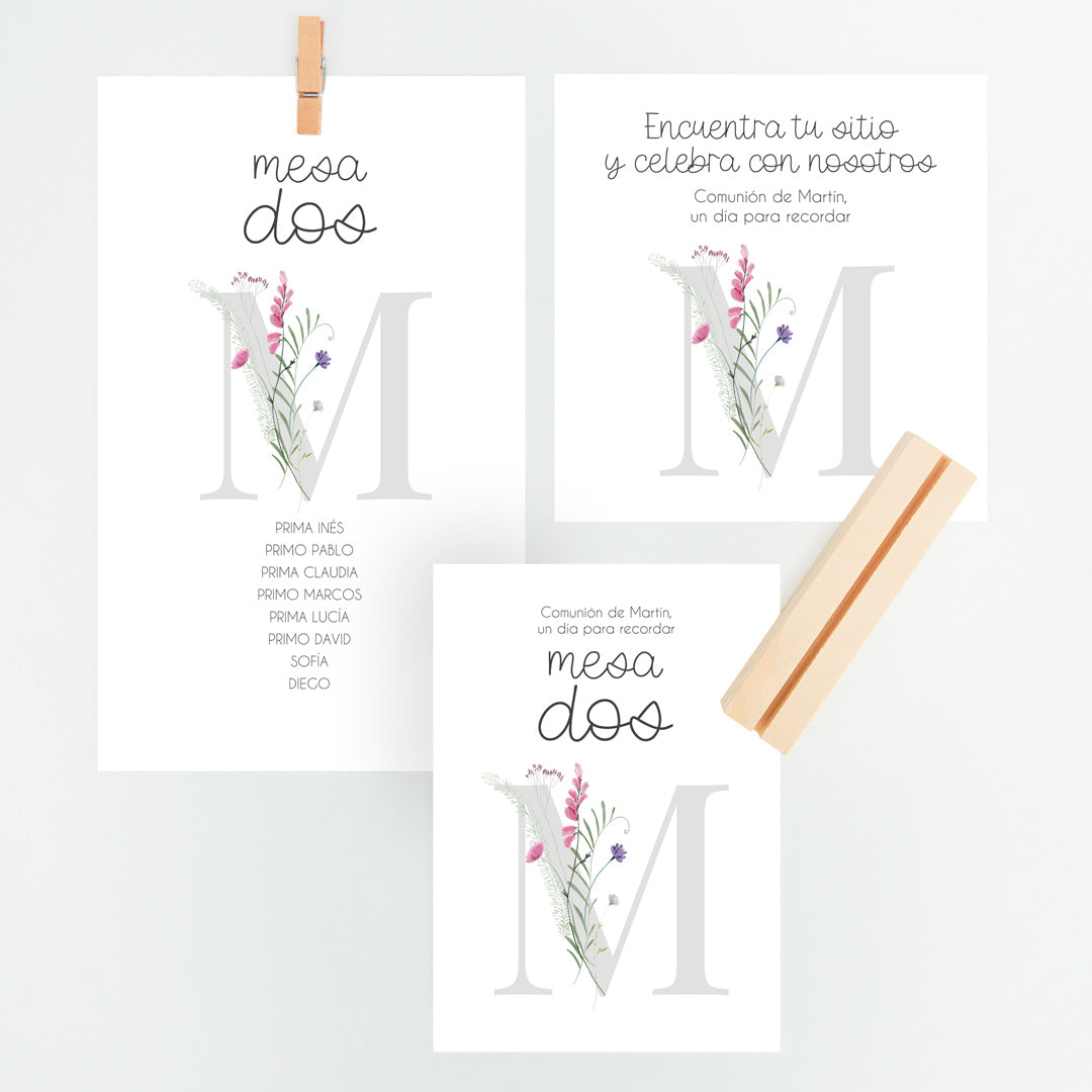 Conjunto Mesero y Seating Plan para Comunión de la colección Inicial en color gris. 