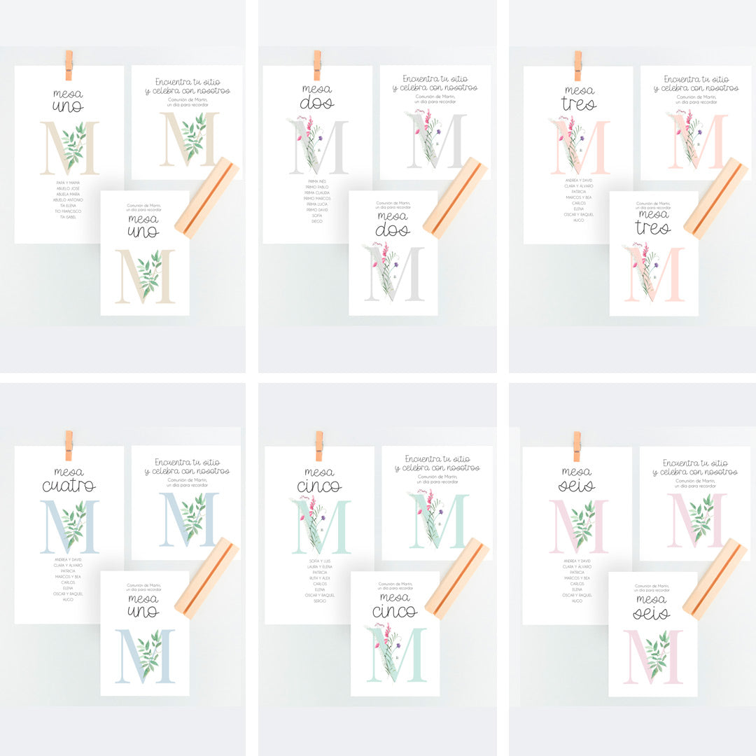 Opciones de diseño para el set de mesero y seating plan para comunión de la colección inicial. 