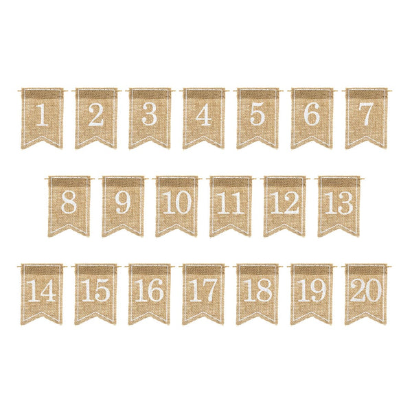 Detalle de número de mesa en yute natural con impresión blanca, decoración boho para eventos.