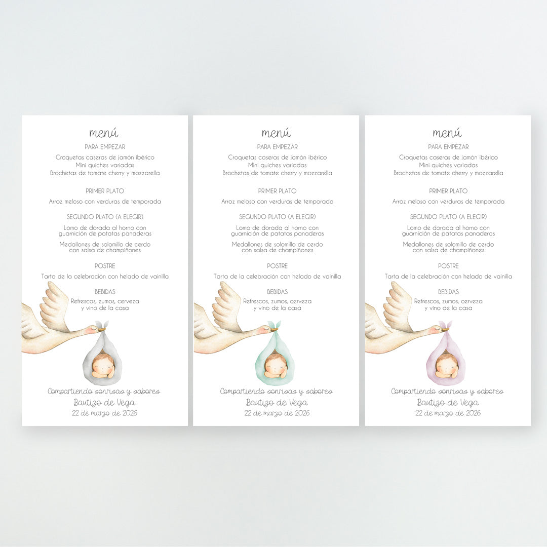 Colores disponibles en la minuta o tarjetón menú de la Colección Cigüeña Bautizo, con ilustración de la cigüeña y el saquito del bebé, impresa en cartulina FSC.