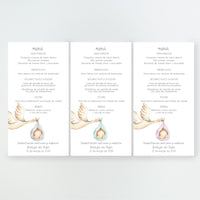 Colores disponibles en la minuta o tarjetón menú de la Colección Cigüeña Bautizo, con ilustración de la cigüeña y el saquito del bebé, impresa en cartulina FSC.