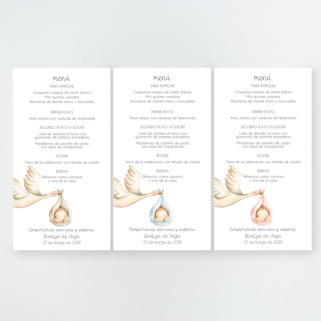 Colores disponibles en la minuta o tarjetón menú de la Colección Cigüeña Bautizo, con ilustración de la cigüeña y el saquito del bebé, impresa en cartulina FSC.