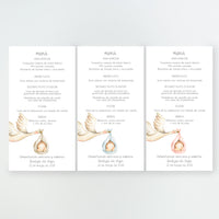 Colores disponibles en la minuta o tarjetón menú de la Colección Cigüeña Bautizo, con ilustración de la cigüeña y el saquito del bebé, impresa en cartulina FSC.