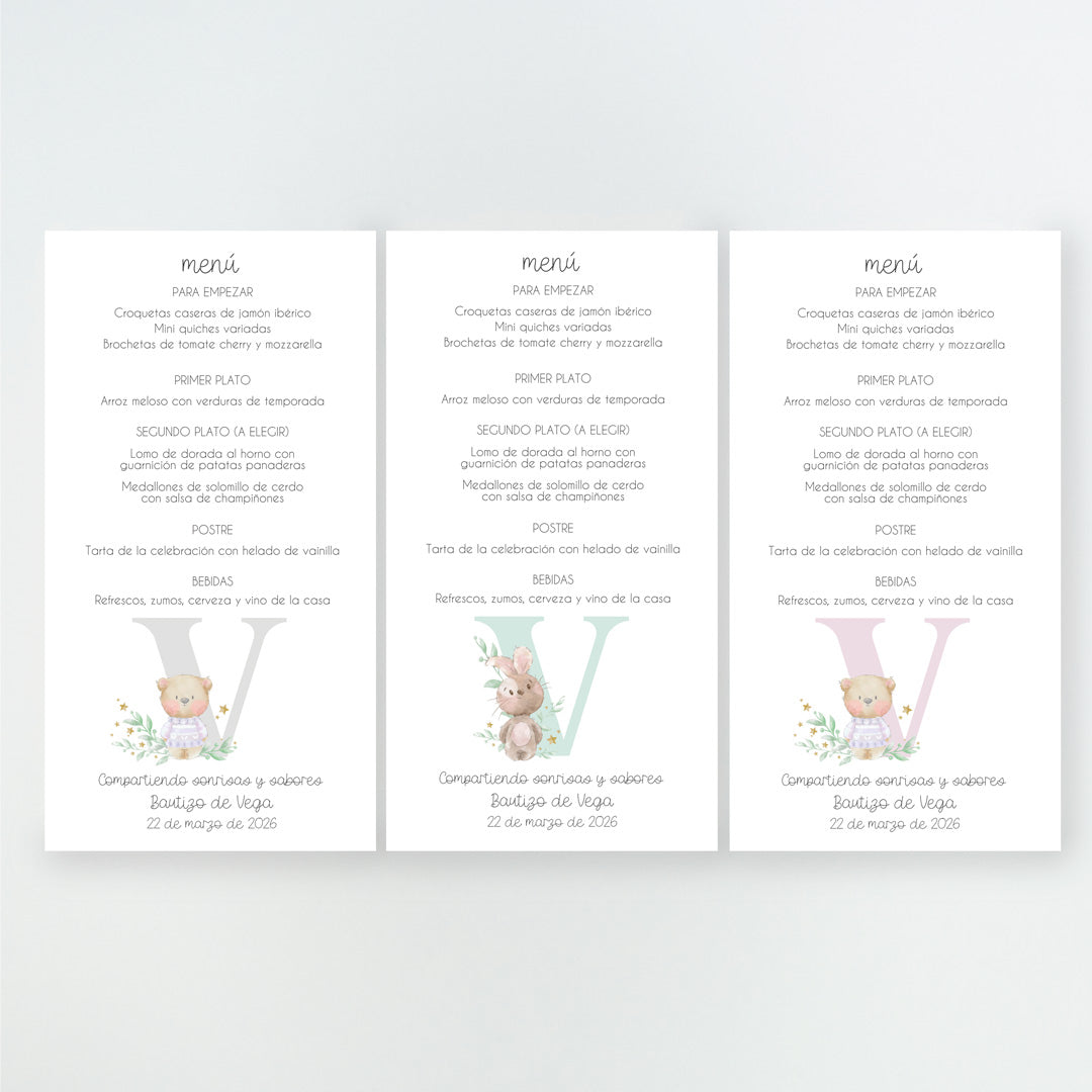 diseños disponibles en la minuta o tarjetón menú de la Colección Inicial Bautizo, con la inicial del bebé decorada con osito o conejito, impresa en cartulina FSC.