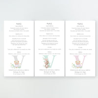 diseños disponibles en la minuta o tarjetón menú de la Colección Inicial Bautizo, con la inicial del bebé decorada con osito o conejito, impresa en cartulina FSC.