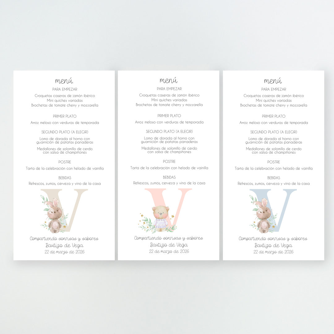 Colores disponibles en la minuta o tarjetón menú de la Colección Inicial Bautizo, con la inicial del bebé decorada con osito o conejito, impresa en cartulina FSC.