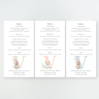 Colores disponibles en la minuta o tarjetón menú de la Colección Inicial Bautizo, con la inicial del bebé decorada con osito o conejito, impresa en cartulina FSC.