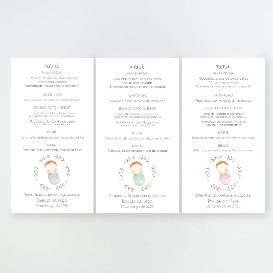 Colores disponibles en la minuta o tarjetón menú de la Colección Rosquito Bebé Bautizo, con ilustración del bebé arropado en un rosco de ramas, impresa en cartulina FSC.