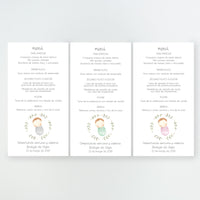 Colores disponibles en la minuta o tarjetón menú de la Colección Rosquito Bebé Bautizo, con ilustración del bebé arropado en un rosco de ramas, impresa en cartulina FSC.