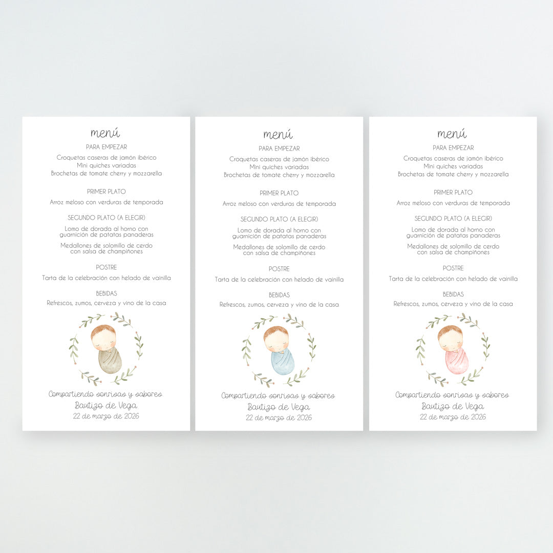 Colores disponibles en la minuta o tarjetón menú de la Colección Rosquito Bebé Bautizo, con ilustración del bebé arropado en un rosco de ramas, impresa en cartulina FSC.