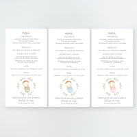 Colores disponibles en la minuta o tarjetón menú de la Colección Rosquito Bebé Bautizo, con ilustración del bebé arropado en un rosco de ramas, impresa en cartulina FSC.