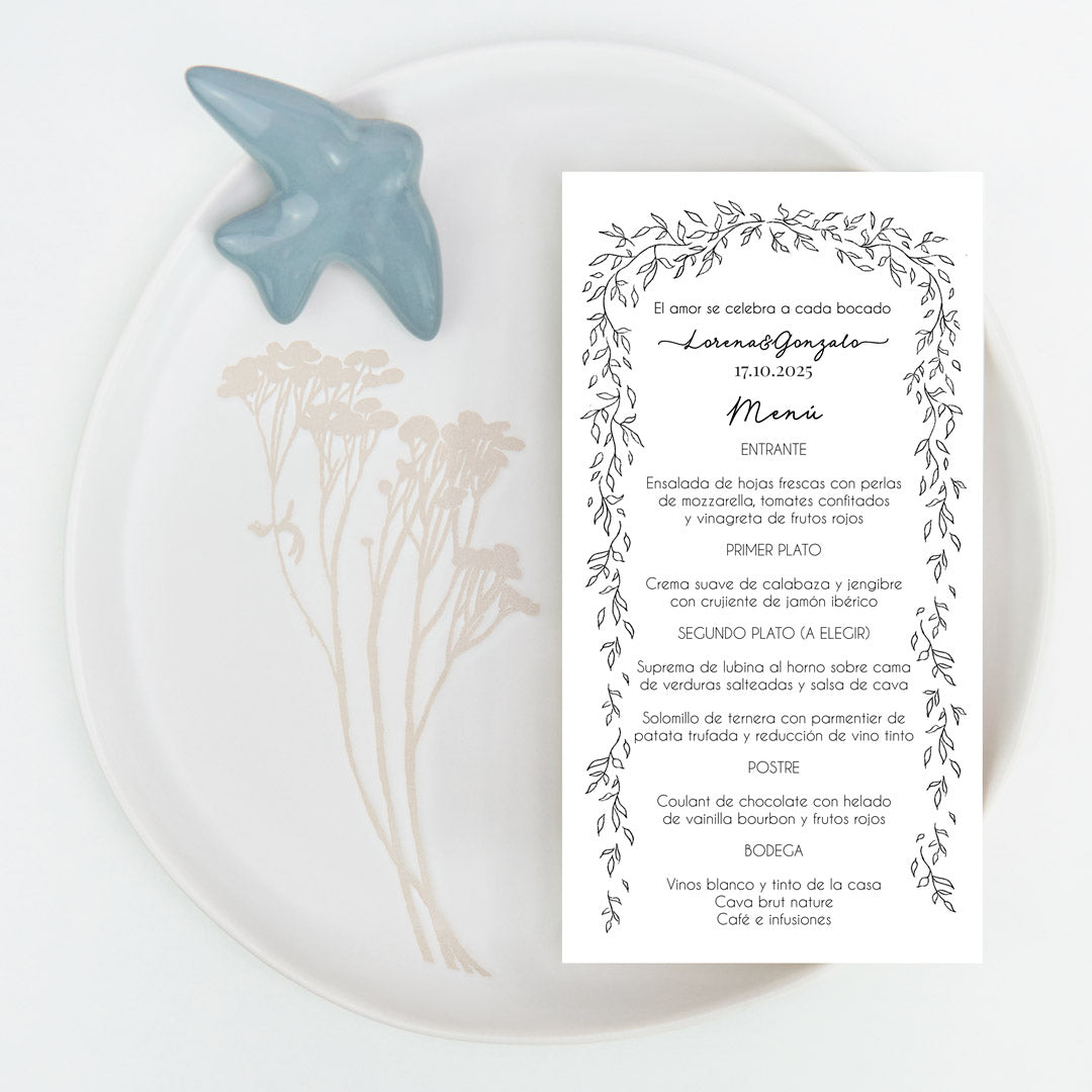 Minuta de boda Bosque Secreto con marco de ramas dibujadas a mano