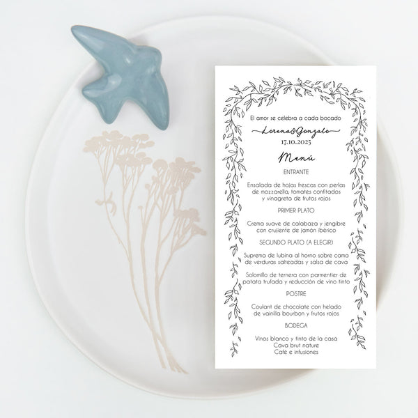 Minuta de boda Bosque Secreto con marco de ramas dibujadas a mano