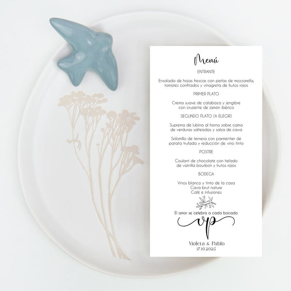 Minuta de boda Eterna con iniciales en tipografía elegante