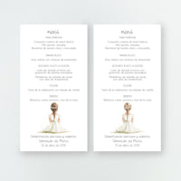 Diseños disponibles de niñas de comunión en la minuta o tarjetón menú de la Colección Boho Comunión, impresa en cartulina FSC de alta calidad.