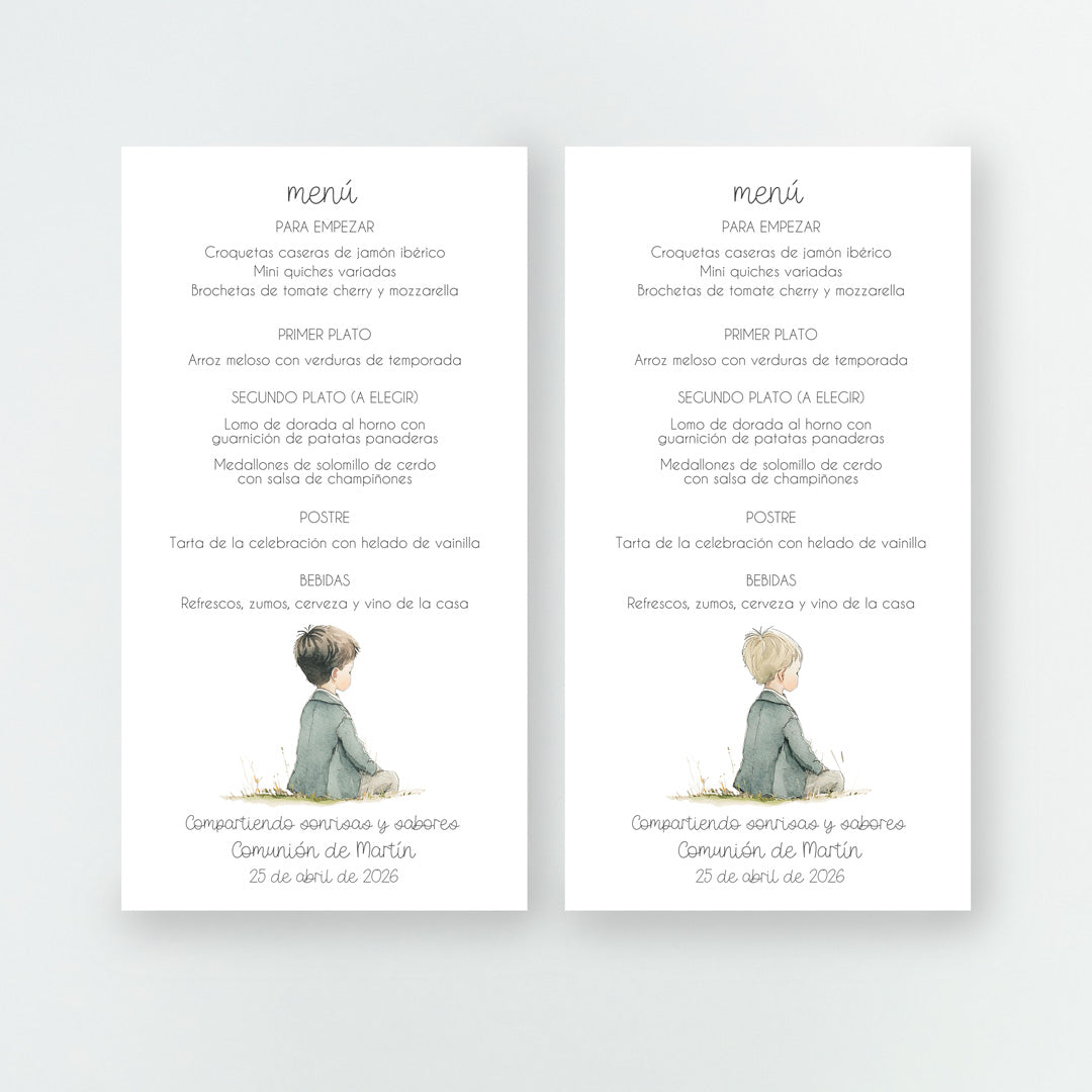 Diseños disponibles de niños de comunión en la minuta o tarjetón menú de la Colección Boho Comunión, impresa en cartulina FSC de alta calidad.