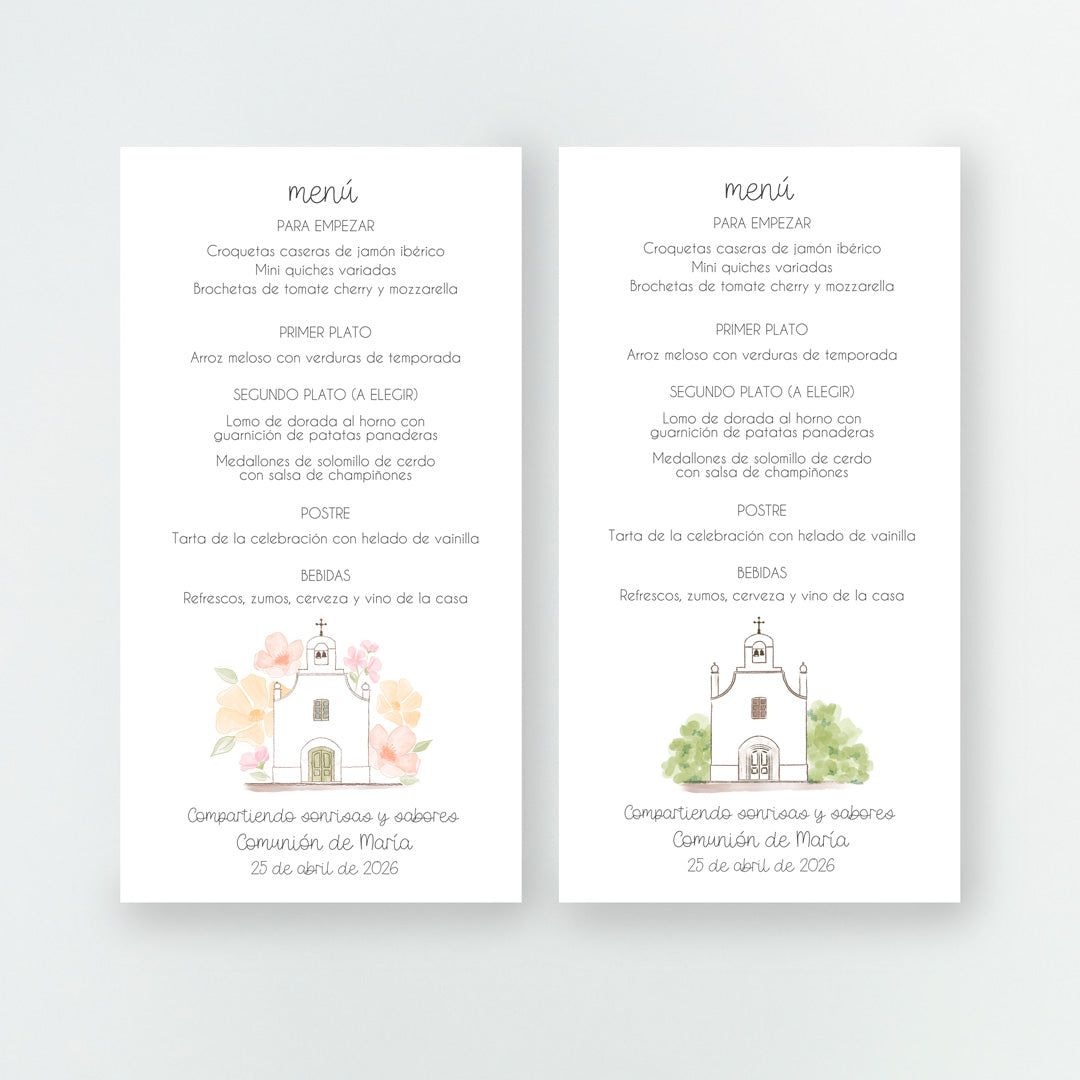 Diseños disponibles en la minuta o tarjetón menú de la Colección Iglesia Comunión, con ilustración de iglesia rodeada de flores o ramas, impresa en cartulina FSC.