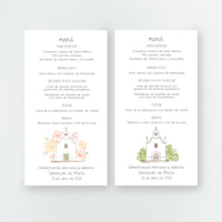 Diseños disponibles en la minuta o tarjetón menú de la Colección Iglesia Comunión, con ilustración de iglesia rodeada de flores o ramas, impresa en cartulina FSC.